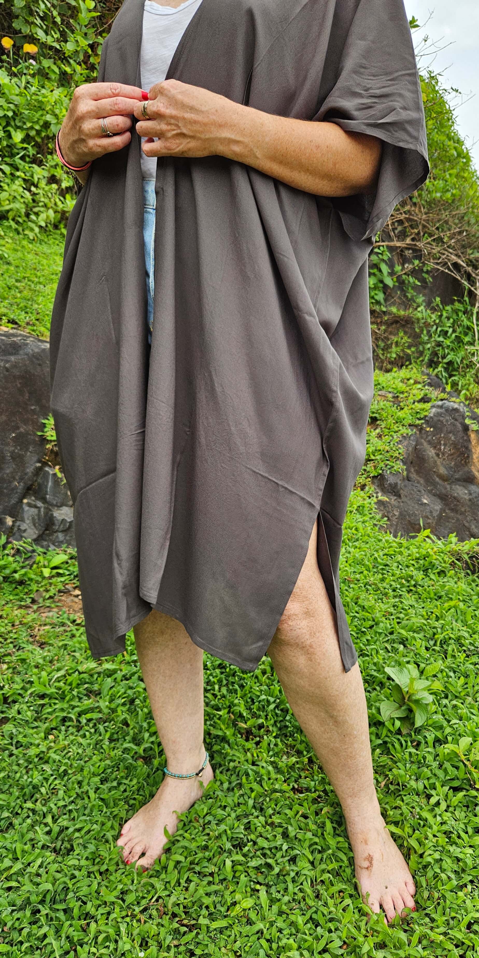 Mid Length Grey Kimono #1 — Handmade Viscose, Unisex One Size