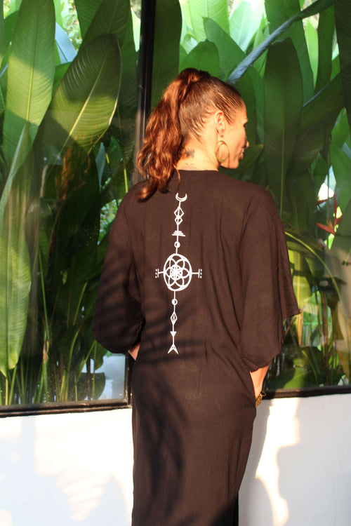 Full Length Black Kimono with Pockets — Handmade Viscose, Unisex One Size